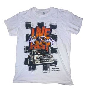 White, Orange, and Black Graphic Car design shirt